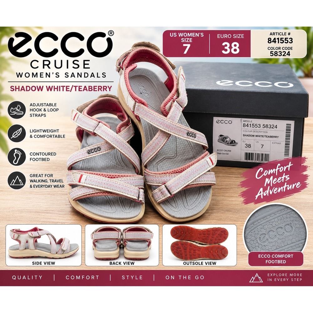 ECCO Cruise Womens Sandals Shadow White Teaberry 841553 58324 Size 7 EU 38